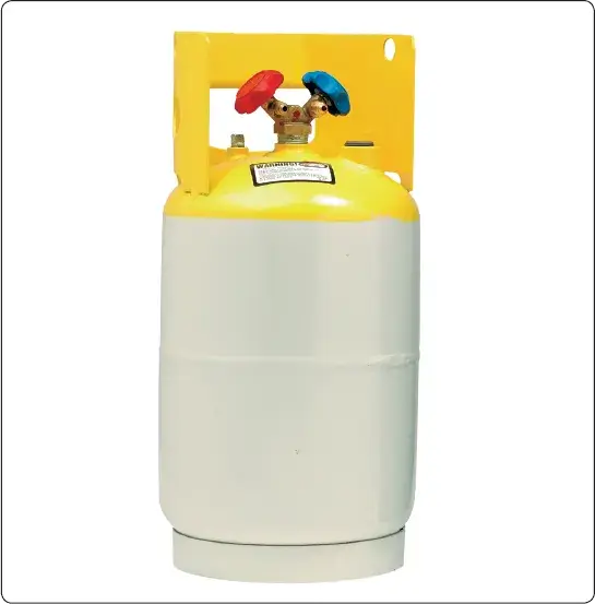 30-pound R134a refrigerant container equipped with dual fittings for system servicing