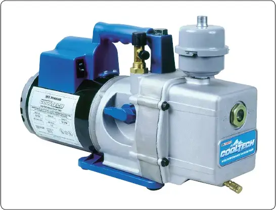 Vacuum pump used to reduce pressure and remove air and moisture from a vapor cycle air conditioning system