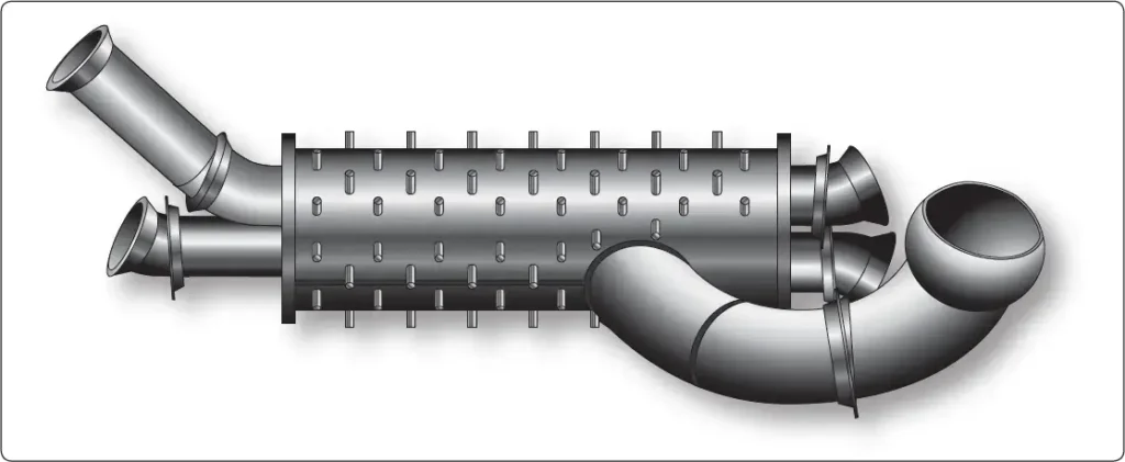 Aircraft exhaust manifold with the shroud removed, showing welded studs designed to enhance heat transfer to cabin heating airflow