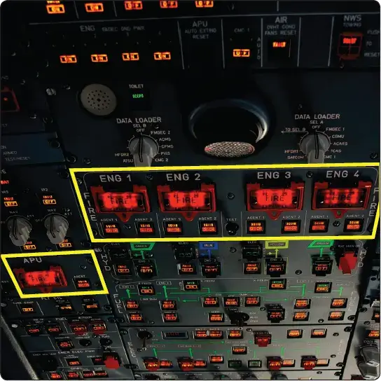 Cockpit overhead panel showing engine and APU fire control switches for fire detection and extinguishing system operation