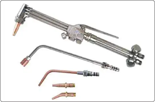 Gas welding torch handle with cutting, heating, and welding tips for aircraft maintenance