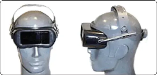 Gas welding eye shield attached to adjustable headgear for eye protection during welding operations