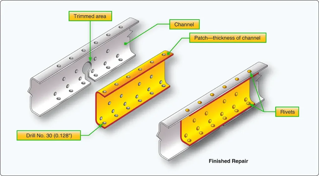Channel repair by patching to restore a damaged aircraft structural channel