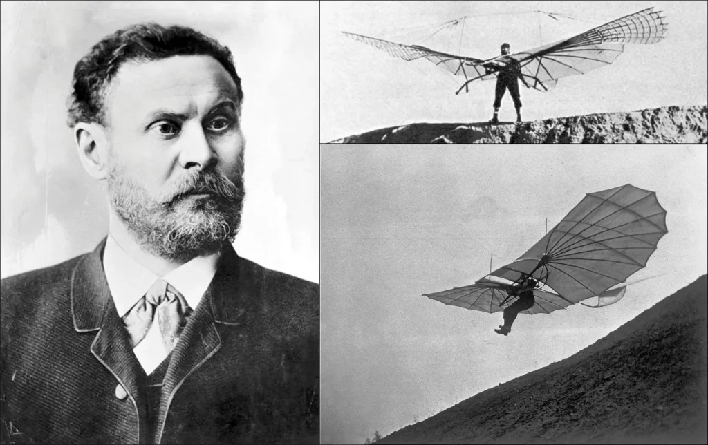 Otto Lilienthal conducting gliding experiments with an early aircraft