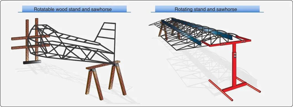 Rotating stands and sawhorses provide access to aircraft surfaces during fabric covering