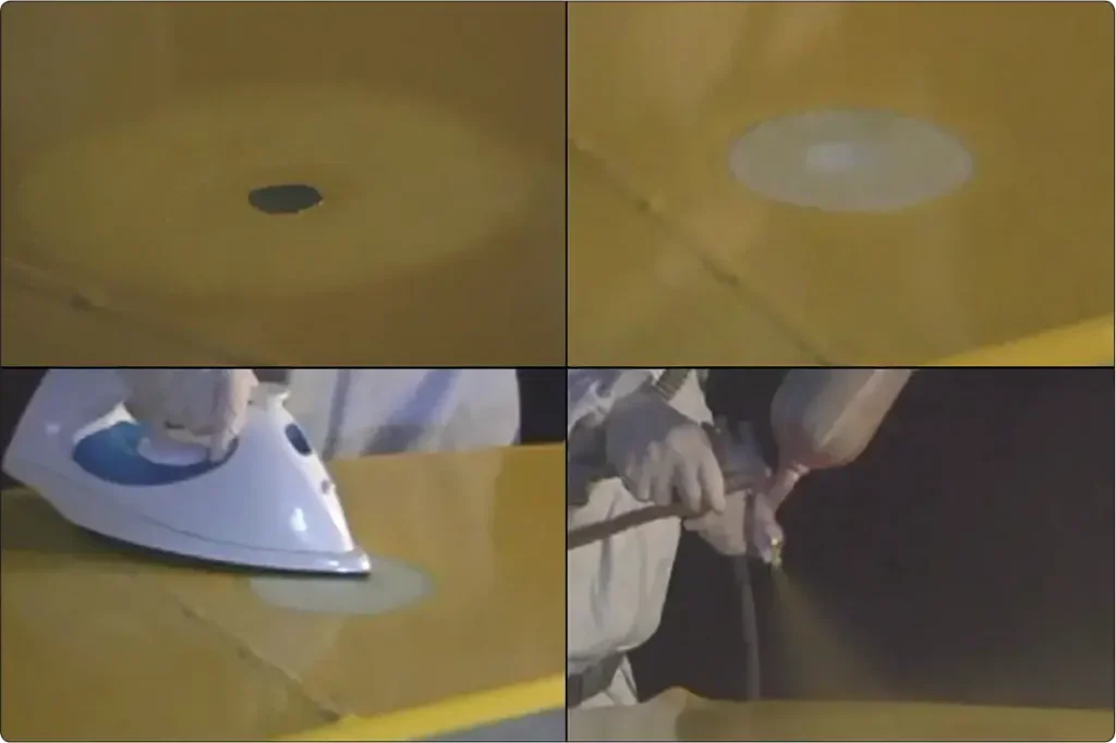 Aircraft fabric covering repair patch applied over a small hole in a polyurethane top coat