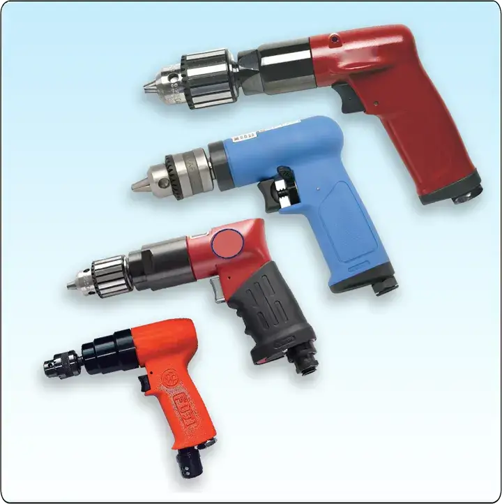 Drill motors used to drill and enlarge holes in aircraft sheet metal during repair