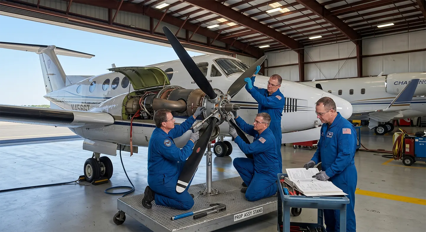 Technicians are performing aircraft propeller removal and installation