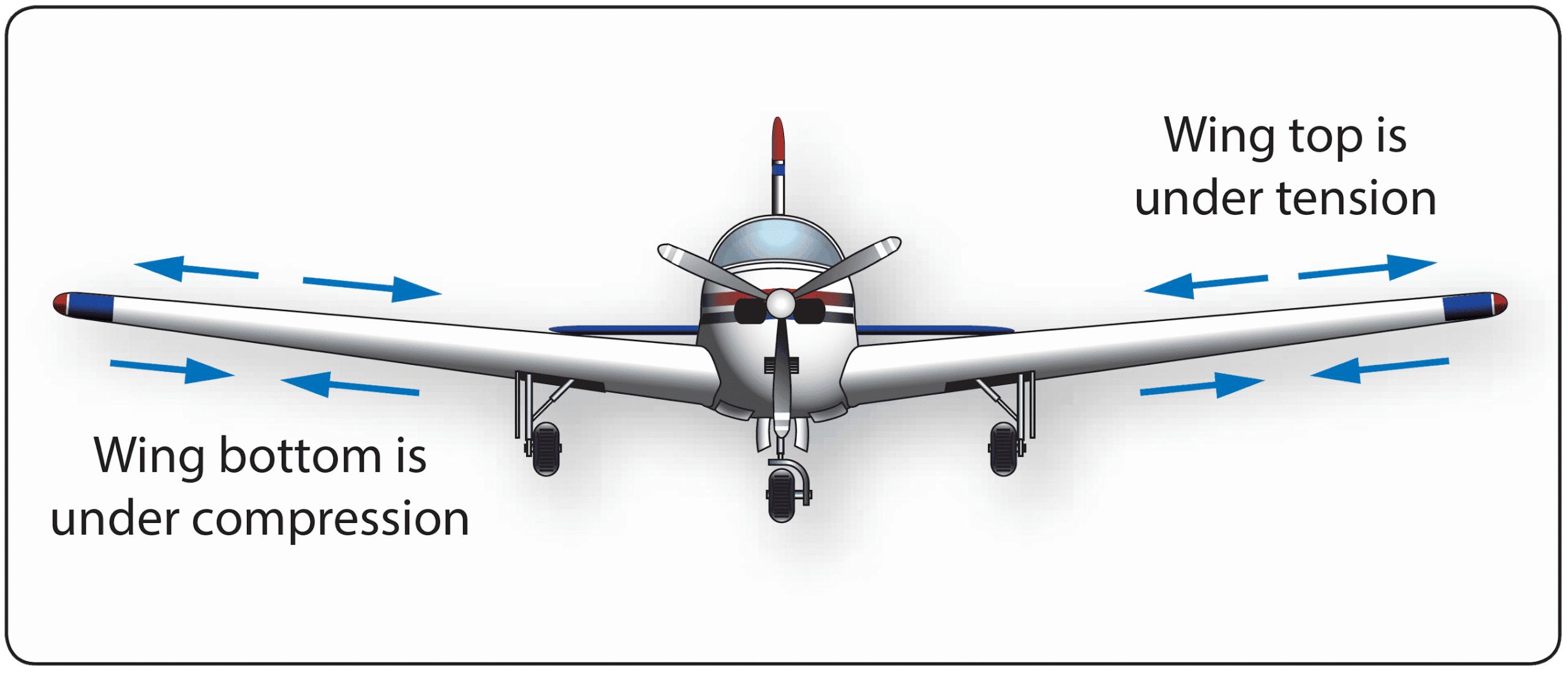 Airplane on the ground, wing under tension and compression