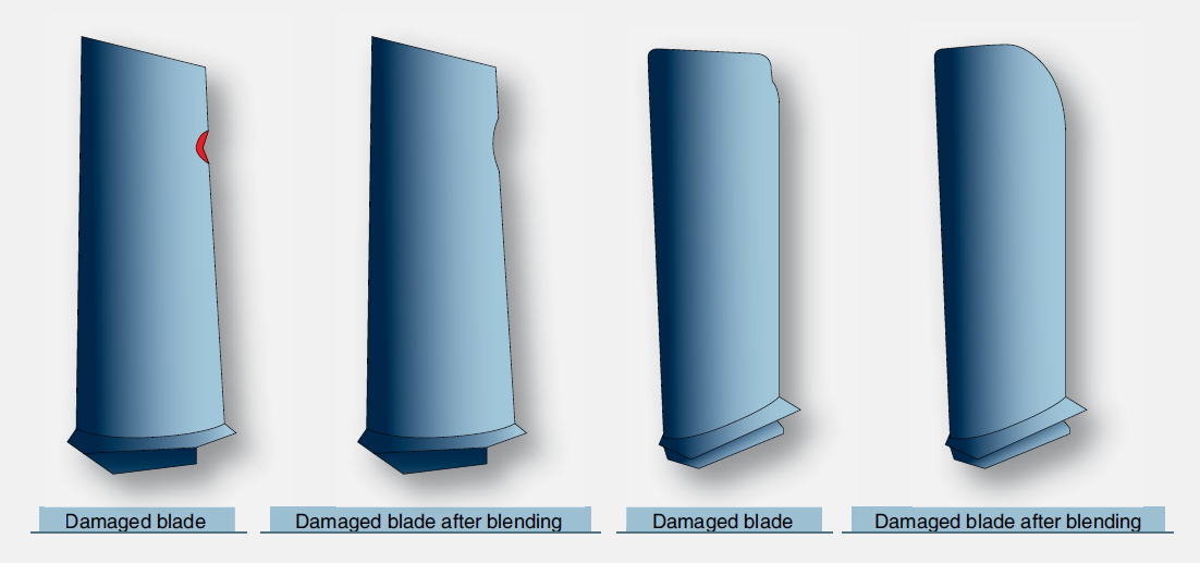 Examples of repairs to damaged turbine engine blades