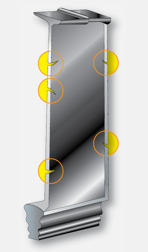 Stress rupture cracks Aircraft engine turbine blade stress rupture cracks