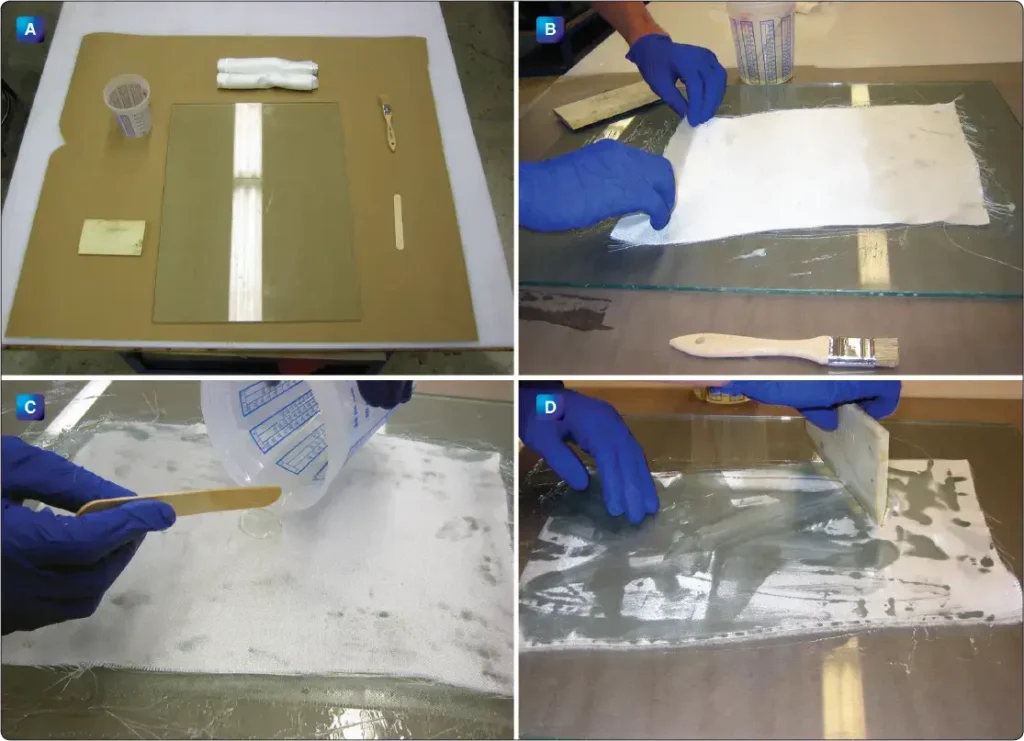 Fabric impregnation with brush and squeegee during wet layup: material preparation, placement, and thorough wetting
