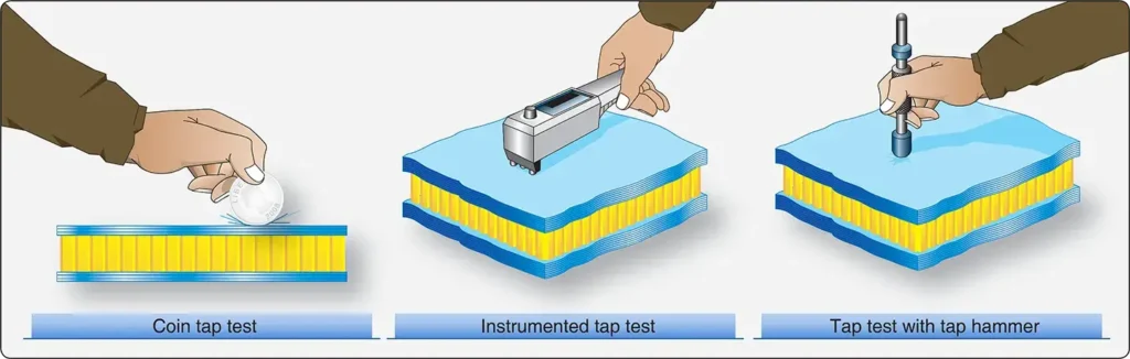 Tap testing techniques used to detect damage and disbonding in aircraft honeycomb sandwich structures