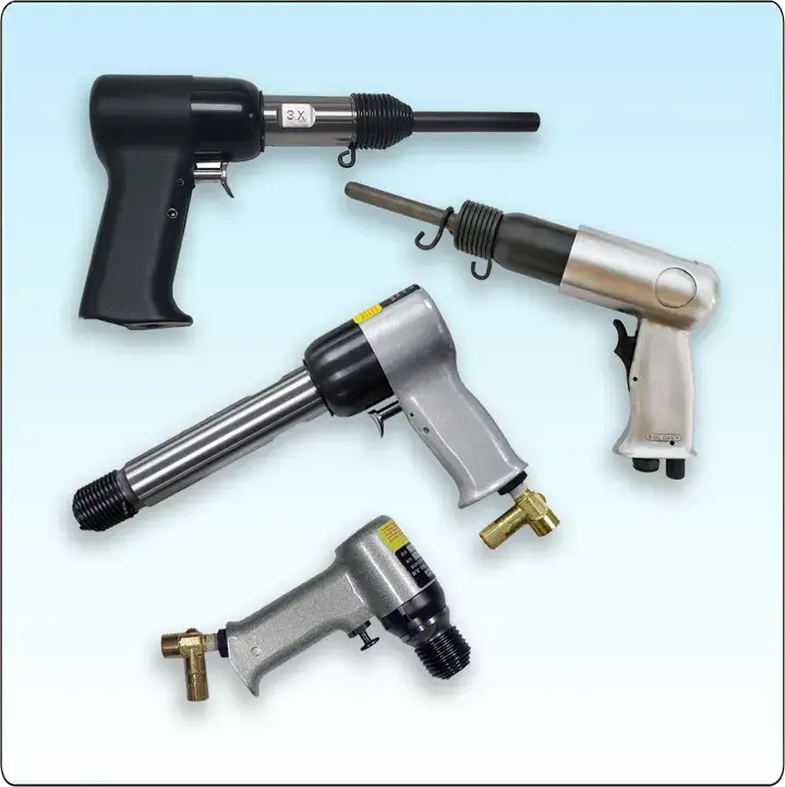 Rivet guns used to drive solid shank rivets during aircraft structural assembly and repair