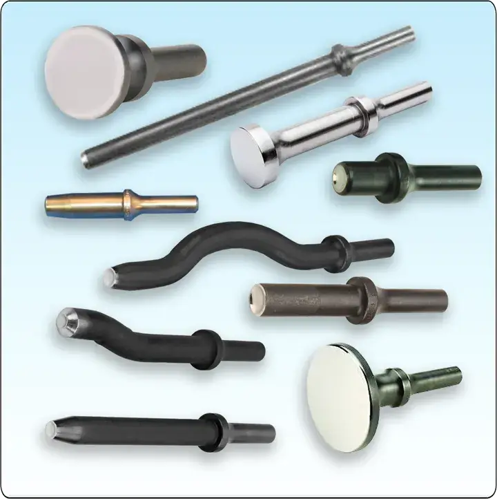 Rivet headers used with rivet guns to form the shop heads of solid shank aircraft rivets