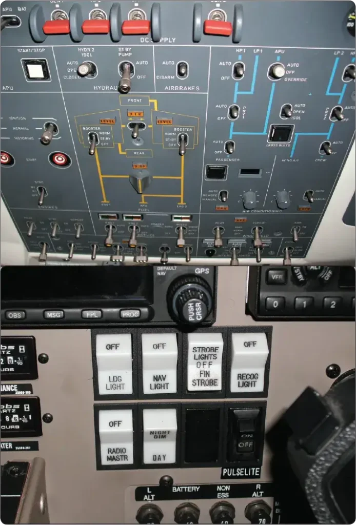 Toggle and rocker switches used to control aircraft electrical systems