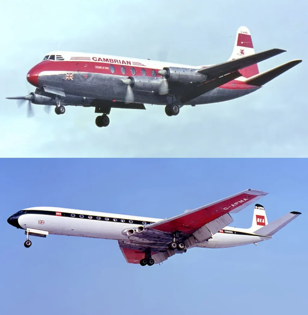 Vickers Viscount and de Havilland DH 106 Comet 1, representing early British turboprop and turbojet airliner development