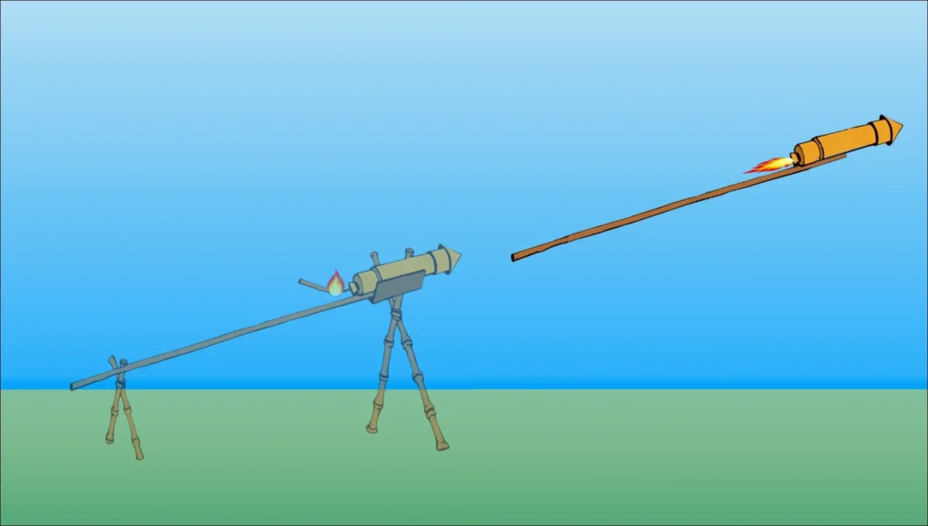 Illustration of an early Chinese rocket demonstrating the principle of propulsion through expelled gases