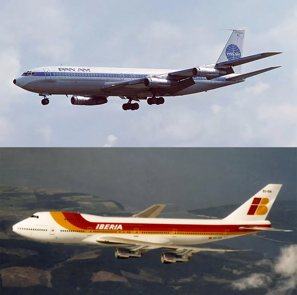Boeing 707 and Boeing 747 airliners illustrating the development of commercial jet transport from early to wide-body aircraft