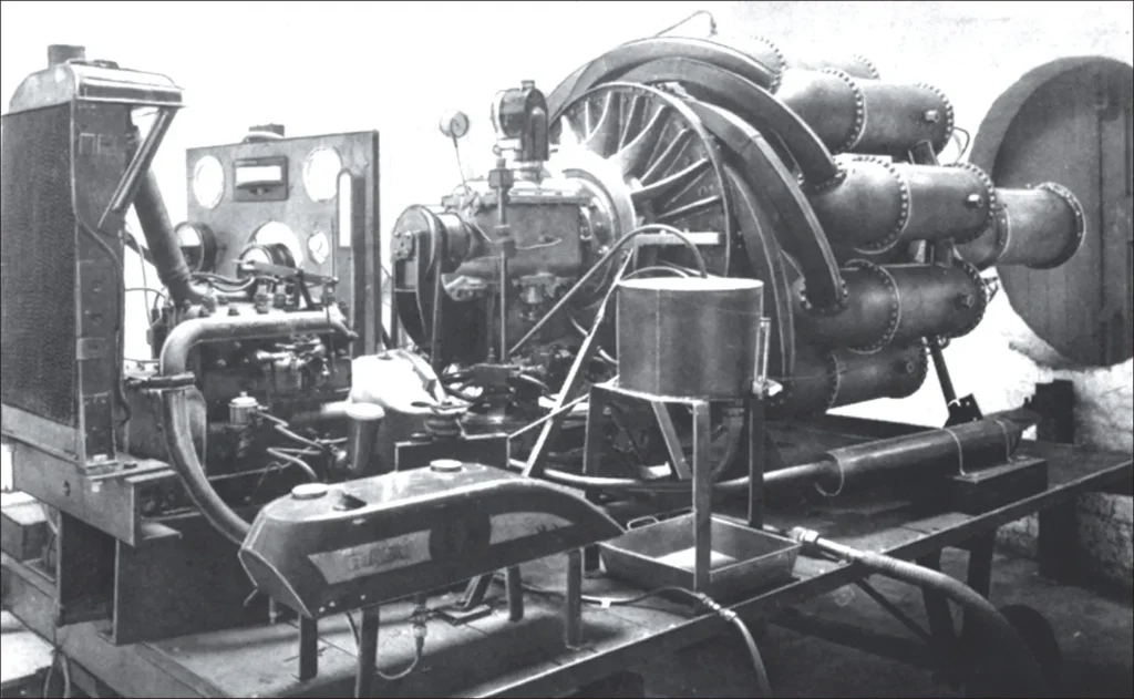 Whittle W-1 turbojet engine, an early British gas turbine engine developed for experimental aircraft propulsion
