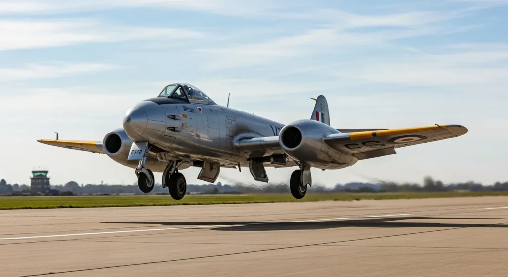 Gloster Meteor jet aircraft representing an early operational military aircraft powered by turbojet engines