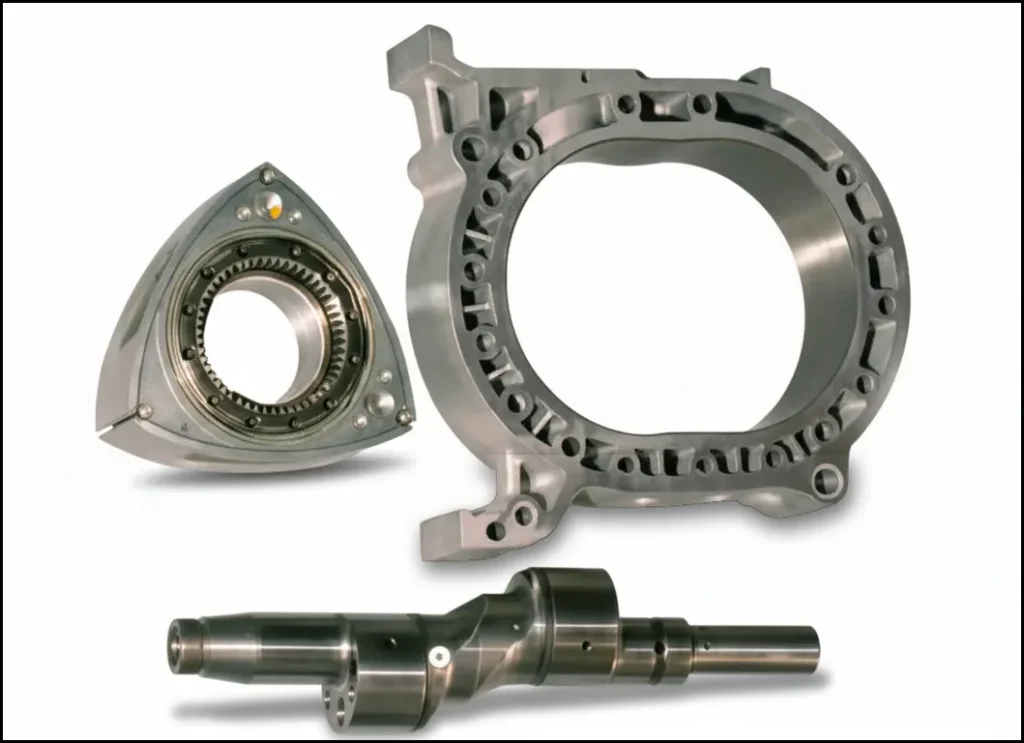 Wankel rotary engine showing a triangular rotor rotating on an eccentric shaft within an elongated combustion chamber