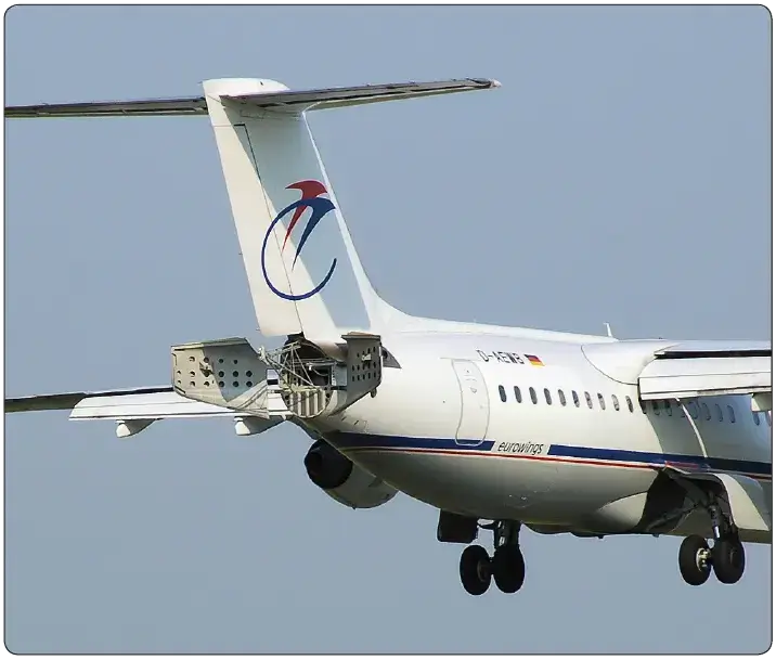 Illustration of an aircraft speed brake extended from the wing to increase drag and reduce airspeed during flight