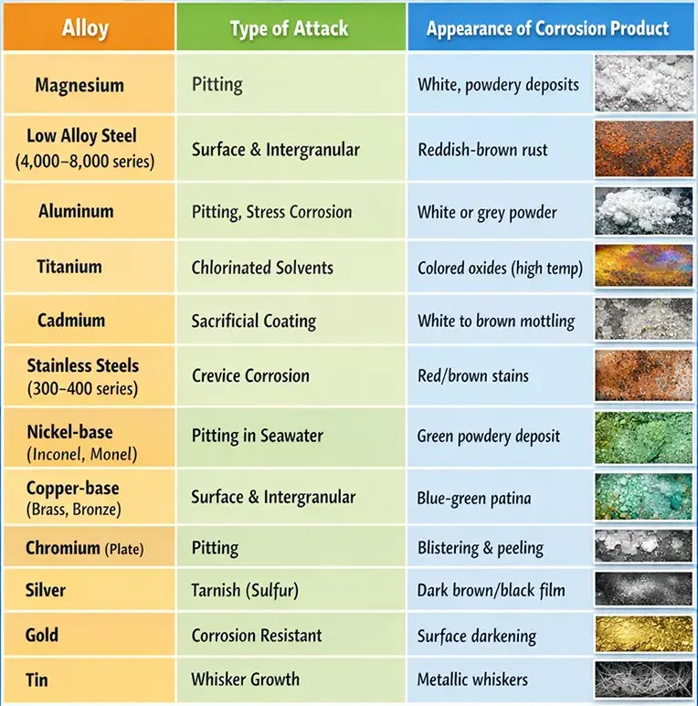 Corrosion effects on aircraft alloys infographic showing common alloy types, corrosion susceptibility, and corrosion product appearance