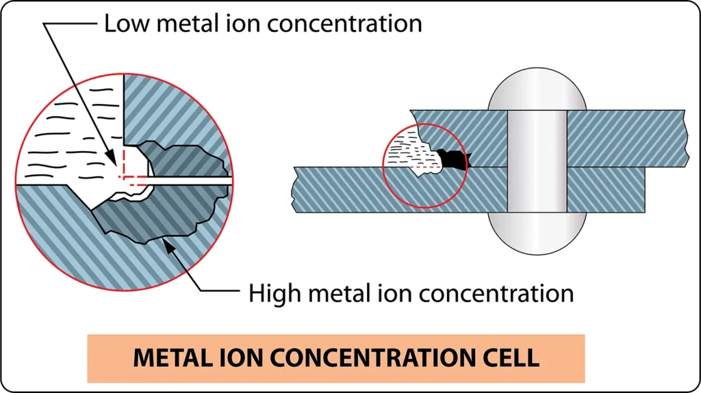 Diagram illustrating a metal ion concentration cell, showing how differences in metal ion concentration can create an electrochemical reaction that causes localized corrosion
