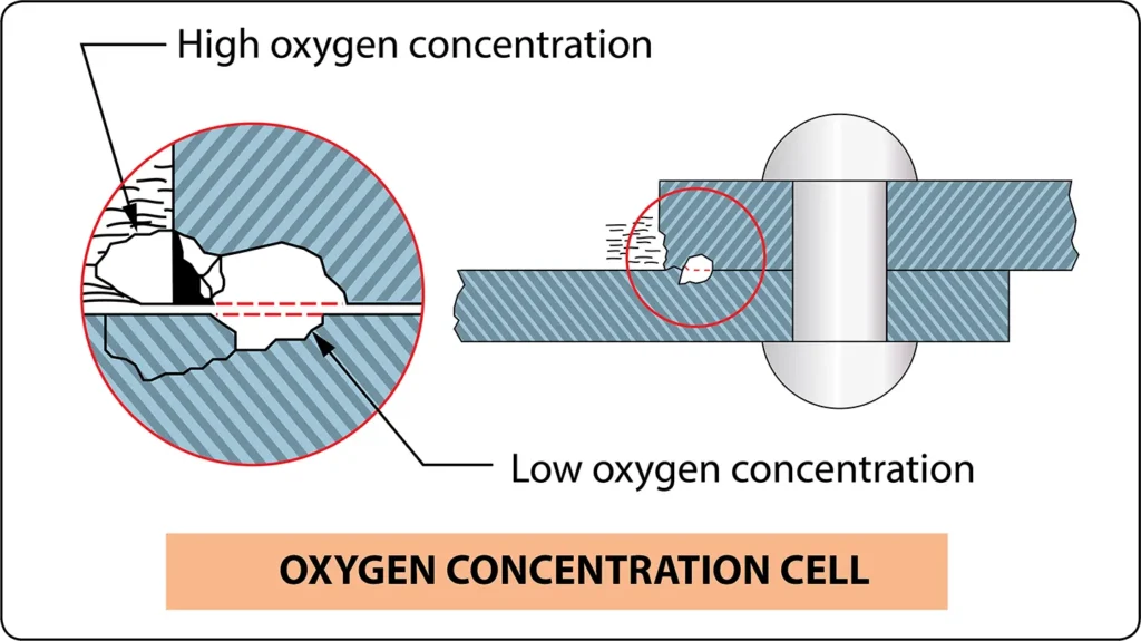 Diagram showing an oxygen concentration cell, where unequal oxygen levels on a metal surface create an electrochemical reaction that leads to localized corrosion