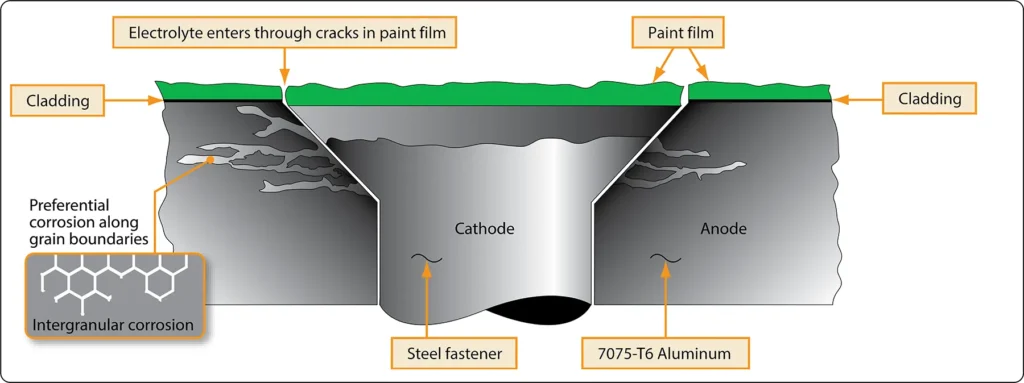 Close-up of intergranular corrosion in 7075-T6 aluminum around a steel fastener, showing deterioration along the metal grain boundaries