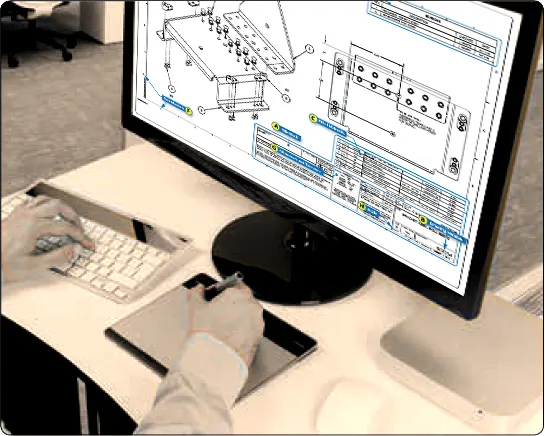 Computer graphics workstation equipped with a monitor and input devices for creating, editing, and viewing technical aircraft drawings using computer-aided design software