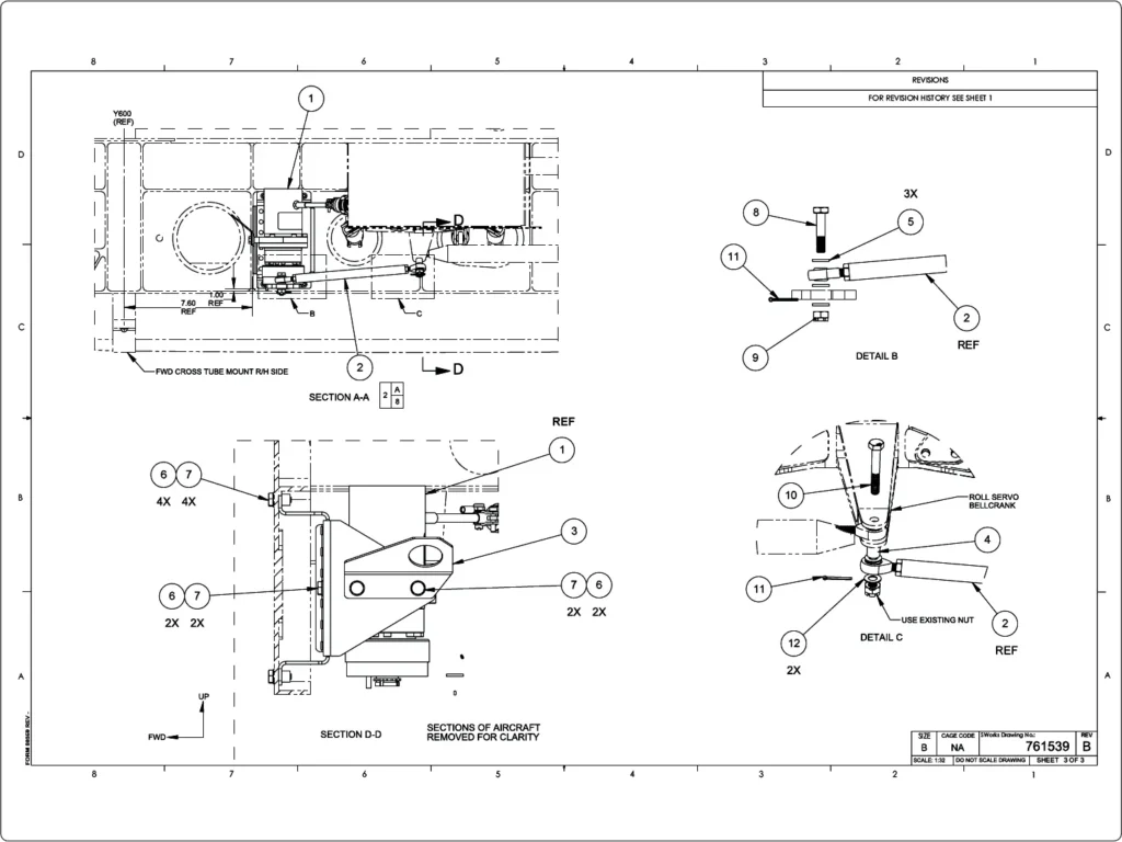 Technical installation drawing showing the position, orientation, and mounting details required to install an aircraft component correctly within the airframe or system