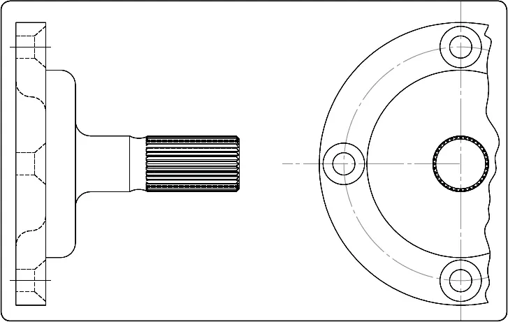 Technical drawing of a symmetrical object using half of the exterior view to represent its overall shape while reducing redundant detail