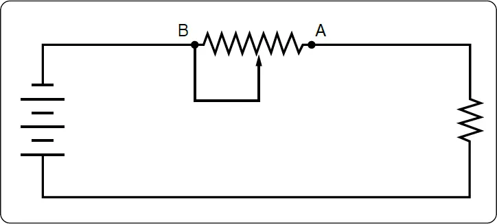 Circuit diagram showing a rheostat connected in series with a load to control current flow in an electrical circuit