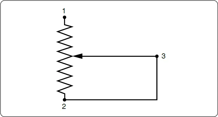 Wiring diagram showing a potentiometer connected as a rheostat using the wiper terminal and one end terminal to vary current in a circuit