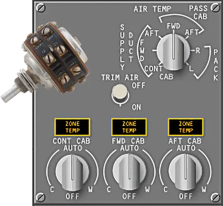 Different types of rotary switches used to select electrical circuits or operating functions in aircraft systems