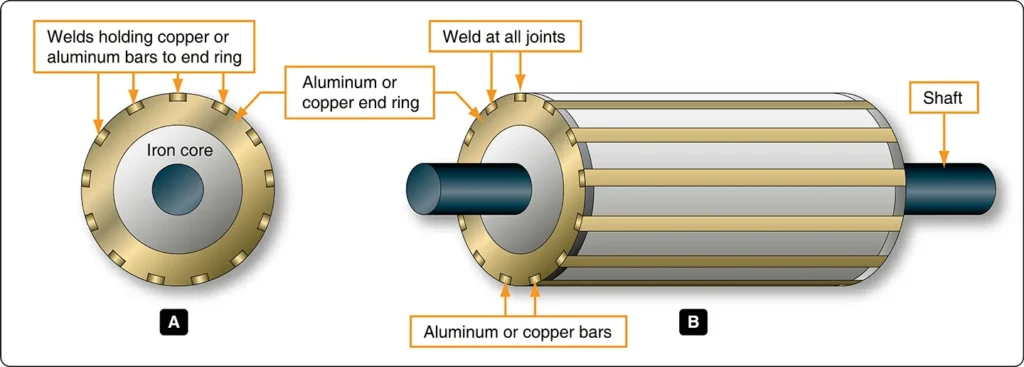Squirrel-cage rotor of an AC induction motor showing conductive bars connected by end rings to form a rotating assembly