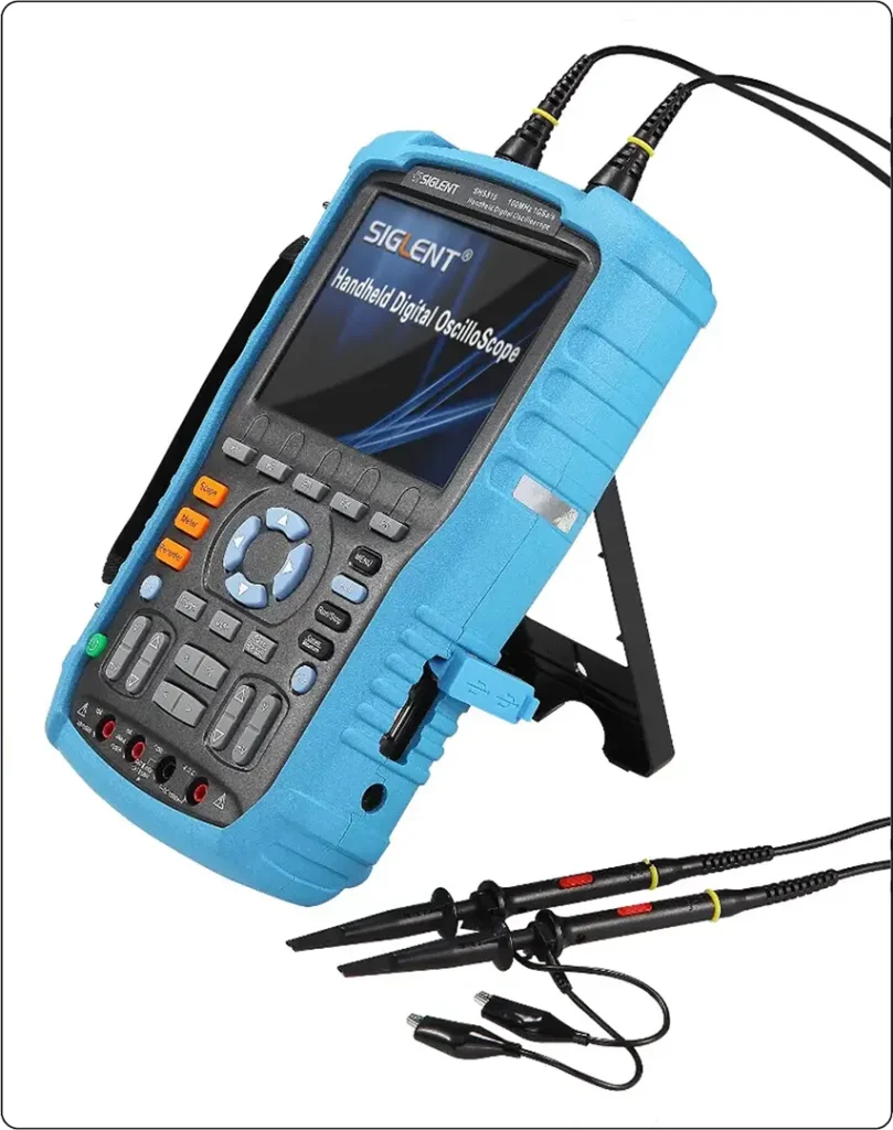 Portable handheld oscilloscope with an integrated screen and controls for measuring and displaying electrical signals during aircraft maintenance