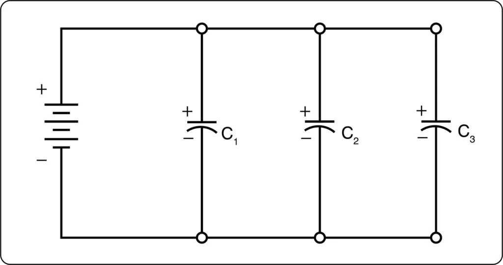 Circuit diagram showing capacitors connected in parallel across a voltage source, illustrating how each capacitor shares the same voltage