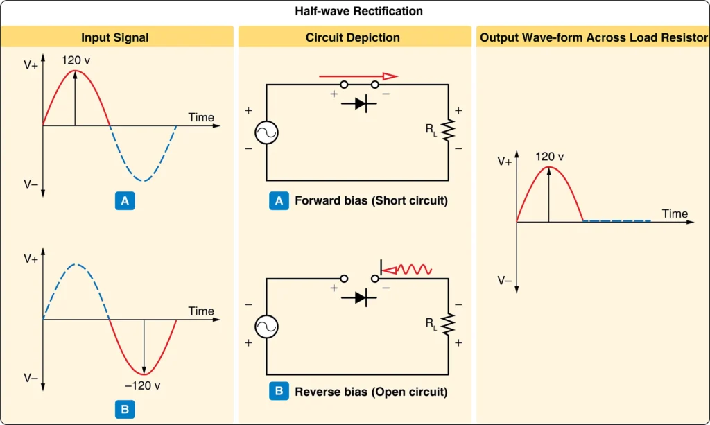 Circuit diagram illustrating the basic operation of a half-wave rectifier, showing how a diode allows current to flow during one half-cycle of an AC input