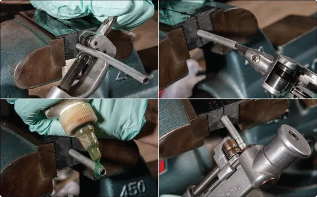 Step-by-step illustration of hand beading aircraft tubing, showing cutting the tube, removing burrs, applying lubricant, and rotating the beading tool while tightening its handle