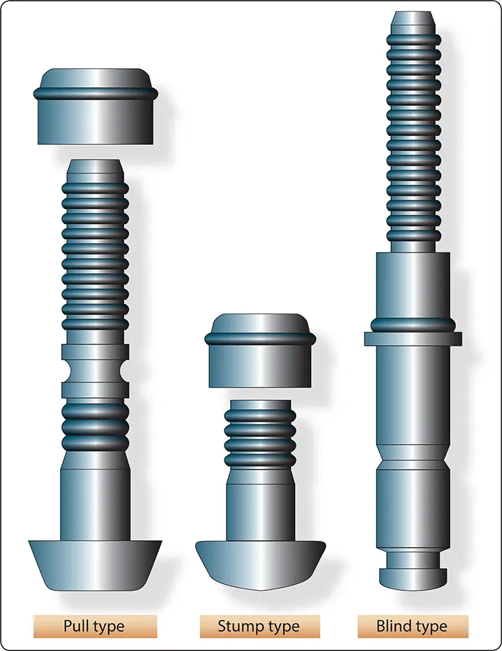 Illustration comparing different types of aircraft lockbolts used to secure structural components with permanent, vibration-resistant fasteners