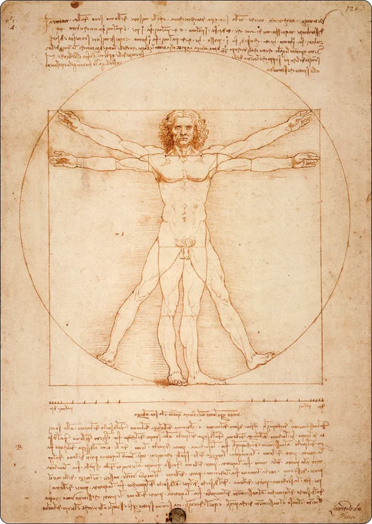 Leonardo da Vinci’s Vitruvian Man drawing illustrating human body proportions and the early study of anthropometry