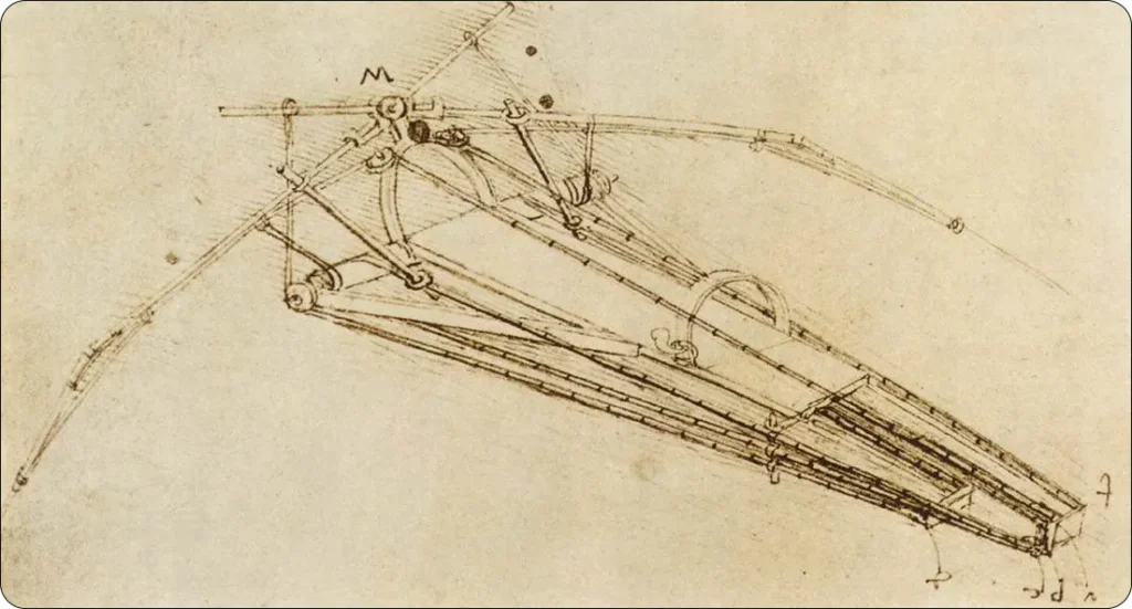 Leonardo da Vinci’s conceptual drawing of a human-powered flying machine, illustrating early ideas in aviation design