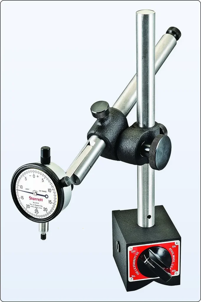 Dial indicator with a graduated dial and contact probe for measuring small deviations and checking aircraft component alignment