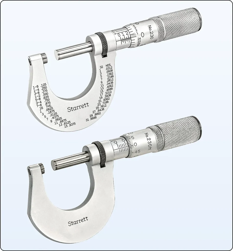 Outside micrometers with measuring frames and spindles for accurately measuring the external dimensions of aircraft components