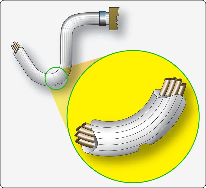 Illustration showing a drainage hole at the lowest point of protective tubing to allow accumulated moisture to escape from an aircraft wiring installation.