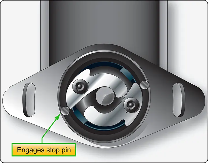 Diagram showing impulse coupling flyweights engaging the stop pins to delay magneto rotation and increase ignition energy during engine starting
