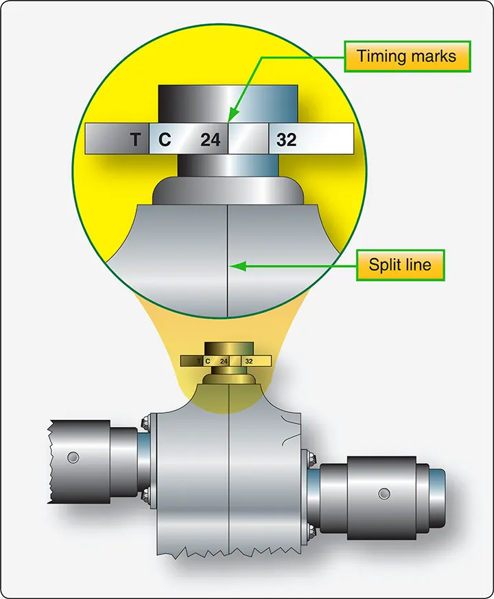Close-up of propeller flange timing marks used to align the crankshaft position when setting magneto ignition timing